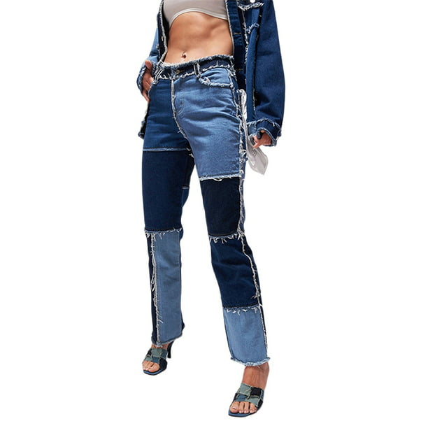  Pantalones de mezclilla grandes para mujer, ropa de tiro a la  moda, jeans para mujer, Azul / Patchwork, XL : Ropa, Zapatos y Joyería