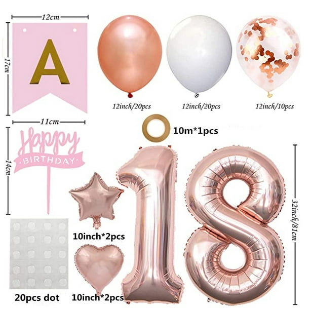 JM Decoraciones de 18 cumpleaños para mujeres, decoraciones de 18 cumpleaños  de oro rosa, decoraciones de 18 cumpleaños, pancarta de feliz 18 cumpleaños,  pompones de papel, globos de papel de aluminio de