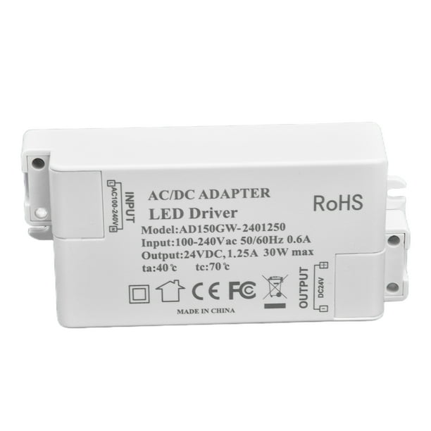 Transformador LED, 30W DC 24V 1.25A Controlador LED Voltaje constante  Profesional LED Luz Transformador AC 100‑240V
