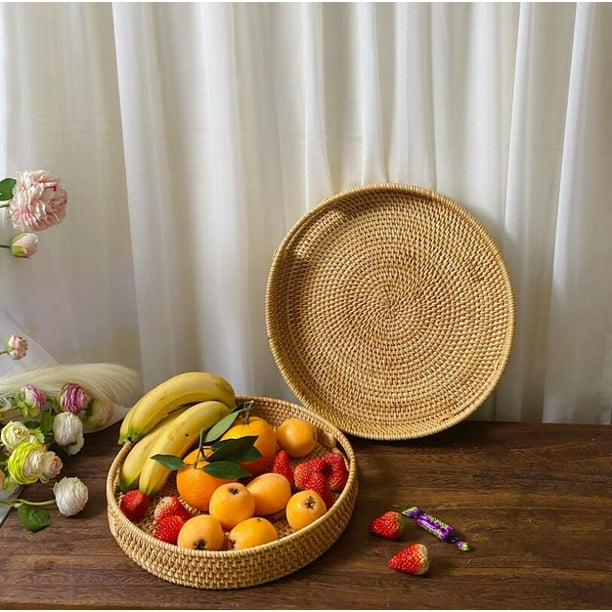Bandeja redonda de ratán, cesta tejida a mano con asas recortadas, cesta de  mimbre para servir frutas/pan, 11.8 pulgadas