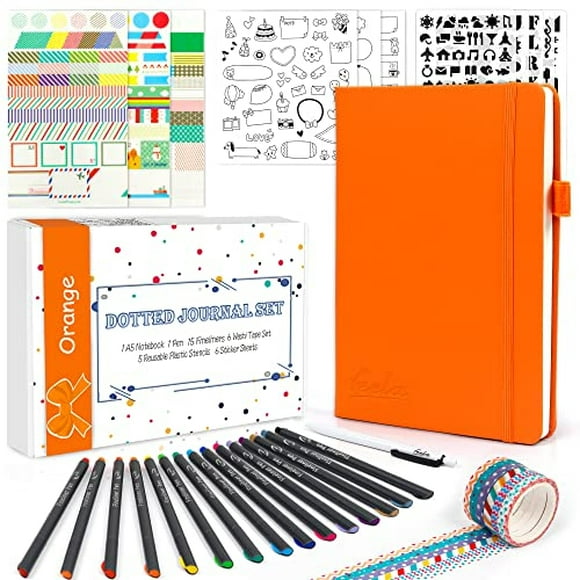 Kit de Diario Punteado, Cuaderno de Planificador con Tapa Dura de Puntos de Feela, A5, 224 Páginas, Naranja