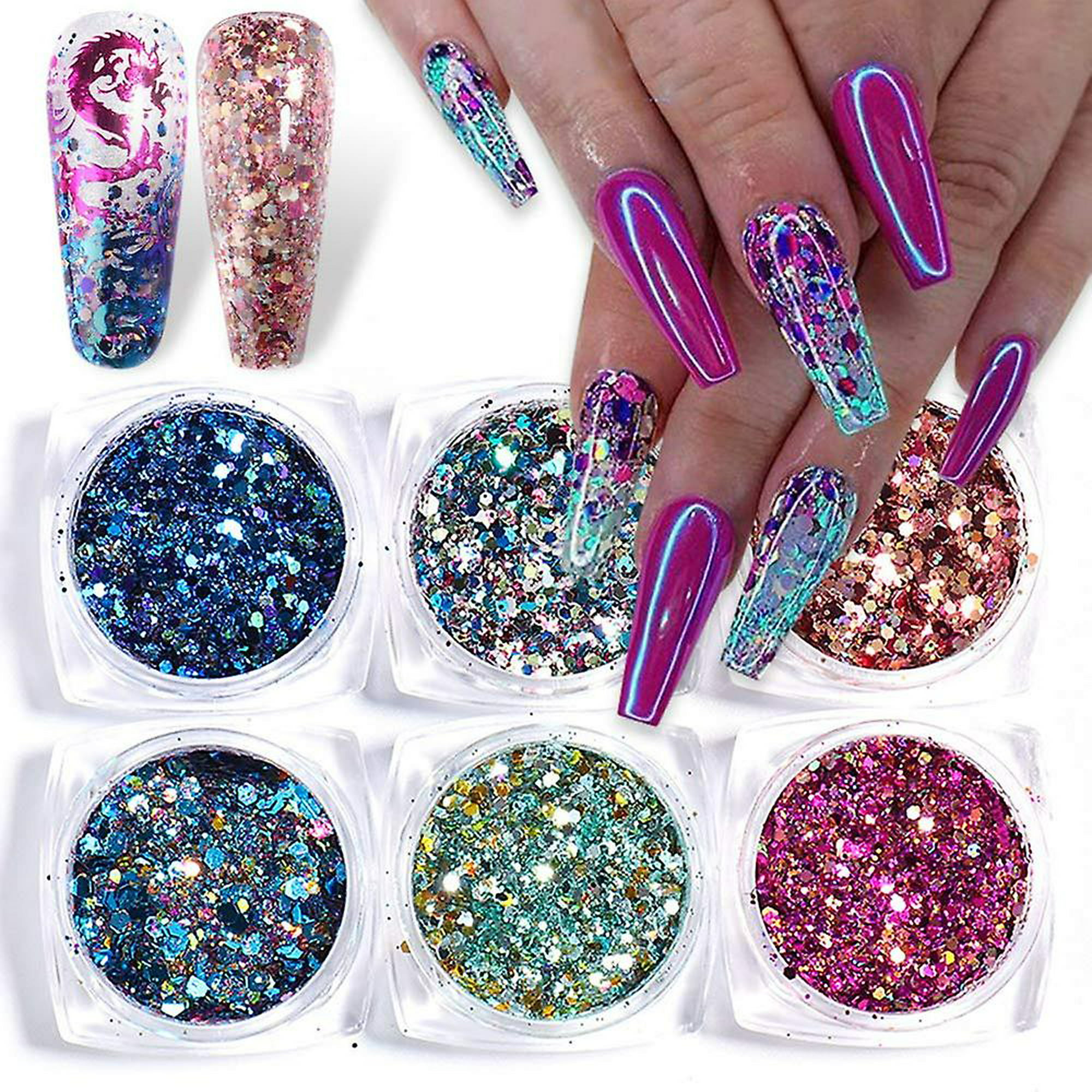 Brillo de uñas holográfico para uñas acrílicas, 6 cajas, conjunto de  lentejuelas de uñas brillantes de colores en 3D, accesorios de uñas de  acrílico