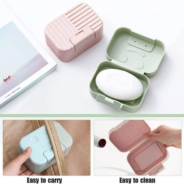 Caja de jabón de plástico Jabonera de viaje Caja de jabón de viaje de 4  piezas con tapa para baño de senderismo al aire libre, azul rosa, 11 * 7.5  * 5
