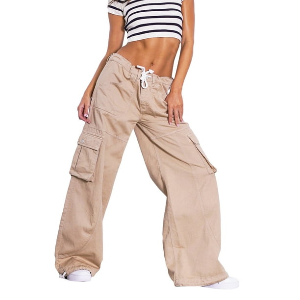 TRKIYQC Pantalones Cargo Casuales para Mujer, Pantalones Largos Sueltos de  Pierna Recta con Cordón de Cintura Baja de Color sólido con Bolsillos
