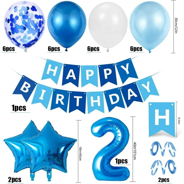 Globo de cumpleaños para niño de 2 años, decoraciones de cumpleaños azules  de 2 años, globos de cumpleaños número 2, globos de confeti de látex,  suministros de bautismo de cumpleaños, decoración de