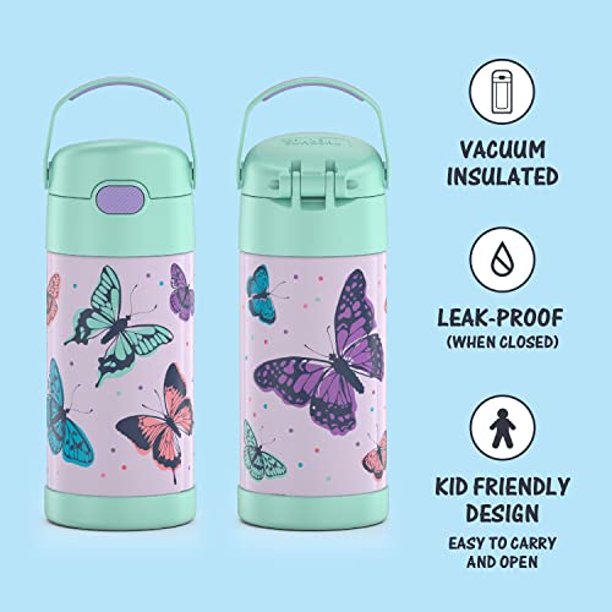 Botella de agua térmica con diseño floral de mariposas voladoras rosadas –  termo de acero inoxidable aislado (niñas/niños)