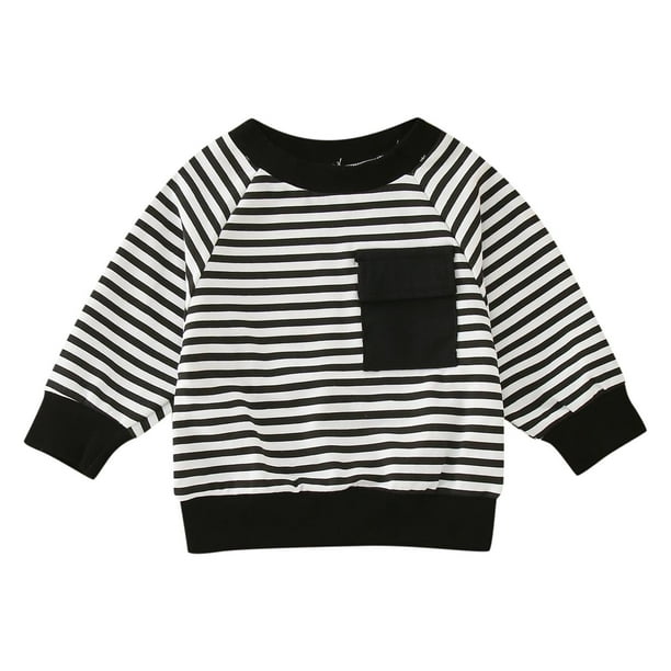 Camiseta de manga larga a rayas para niños, sudadera blanca y negra, ropa  de algodón para