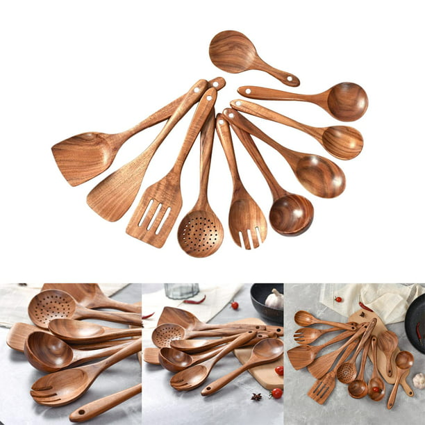Juego de utensilios de cocina de madera sin revestimiento aptos para  lavavajillas, juego de utensilios de cocina de bambú con agujeros, cucharas  de