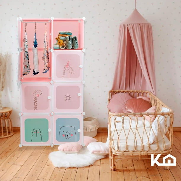  Armario portátil para armario infantil, organizador de cubos  para ahorrar espacio, montaje rápido y durabilidad, estante de armario rosa  y blanco (tamaño de 43.7 x 18.5 x 57.9 pulgadas de largo) 
