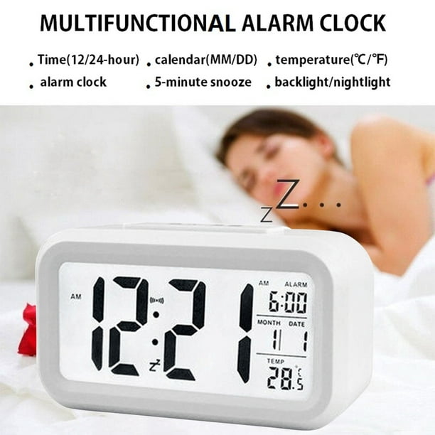 Reloj despertador digital, pequeño reloj de oficina con pilas, luz