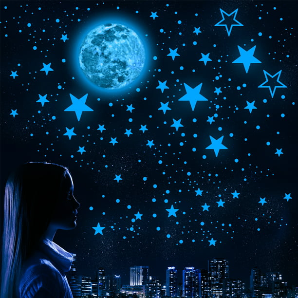  Estrellas de techo brillantes azules para dormitorio de niños,  estrellas que brillan en la oscuridad para techo/pared, decoración de  habitación, calcomanías de pared : Bebés