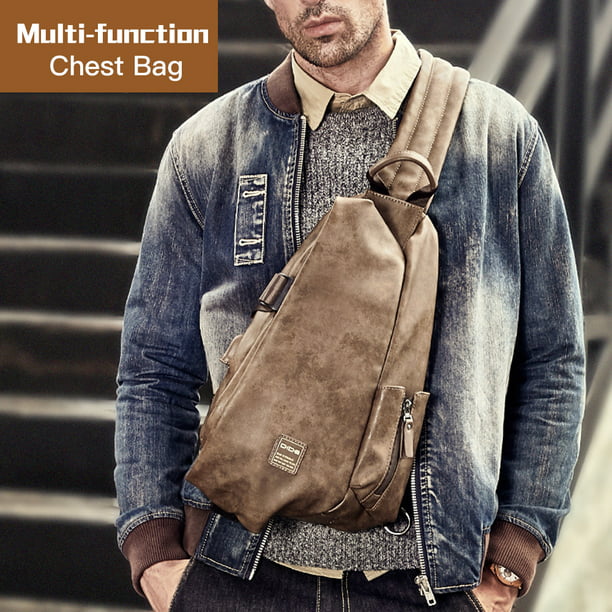 Bolso bandolera de cuero para hombre, impermeable, bandolera en el pecho,  mochila con puerto de carga USB, una bolsa de hombro