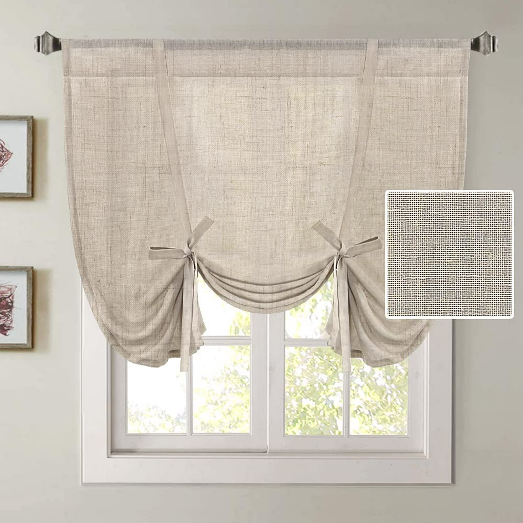 Atar cortina de puerta de cocina, tela de lino BLANCO con corbatas de lino,  anchos personalizados, longitudes personalizadas -  México