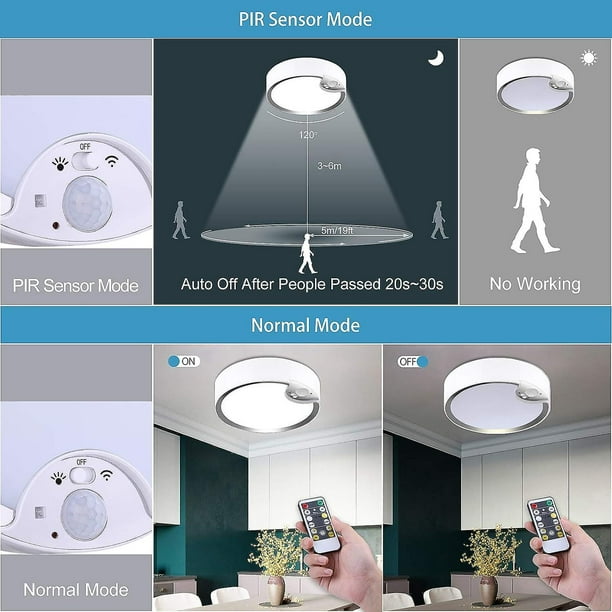 Luz LED de techo con sensor de movimiento, funciona con pilas, IP64,  redonda, para interiores y exteriores, montaje empotrado para cocina,  dormitorio, baño, pasillo (pilas no incluidas)