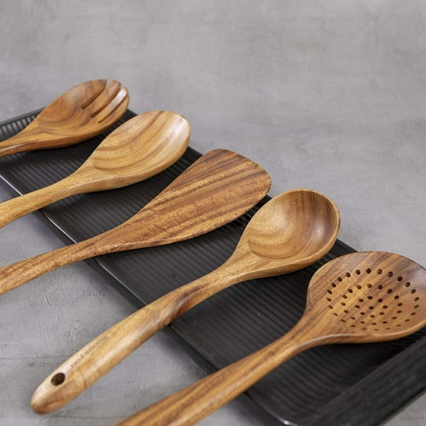 Cucharas de madera para cocinar, juego de utensilios de cocina  antiadherentes, utensilios de madera de teca natural antiarañazos para  cocinar (teca, 8