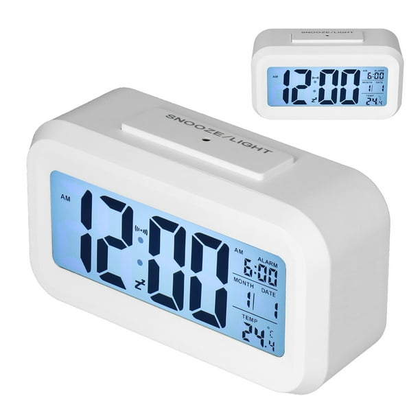 Reloj despertador digital, pequeño reloj de oficina con pilas, luz nocturna  inteligente, fecha, temperatura interior, LCD Reloj eléctrico en  dormitorio, oficina y sala de estar ER