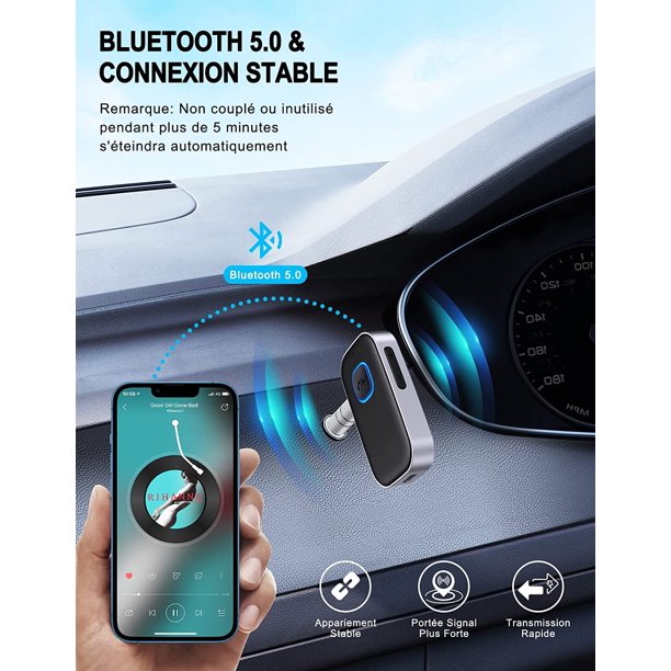 Receptor Bluetooth 5.0 del coche, adaptador Bluetooth del coche conector  auxiliar de 3,5 mm con reducción de ruido inalámbrica para estéreo del coche  / estéreo doméstico / auriculares con cable / altavoz