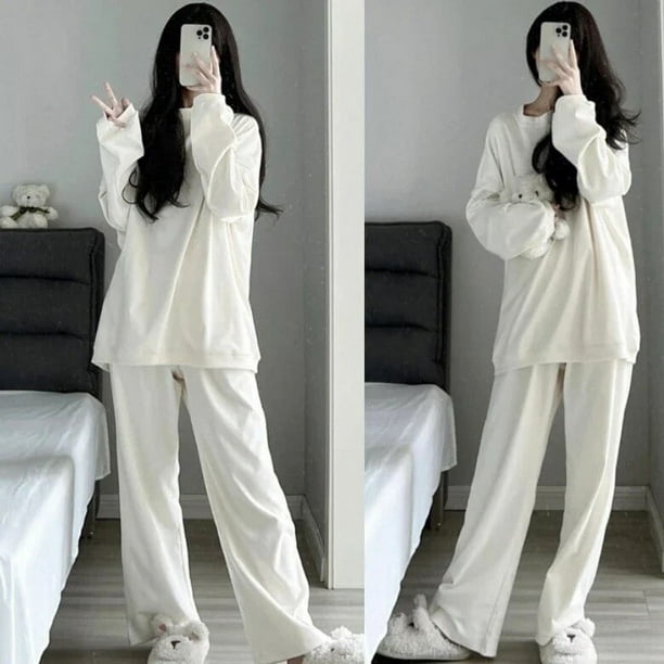 Conjunto de pijama de manga larga para mujer, de 2 piezas ropa de dormir,  lisa, informal, pantalón largo de cintura suelta, para estudiantes
