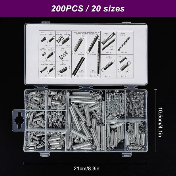 Surtido de muelles de compresión y extensión 20 tamaños Pequeños Surtido  muelles de acero galvanizado 200 piezas