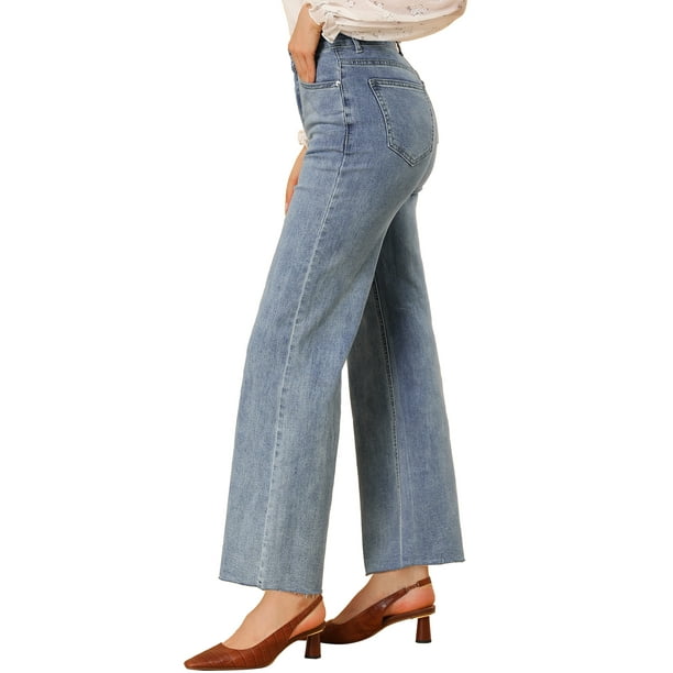 Jeans de mezclilla con pierna recta y tobillo elástico vintage de cintura  alta para mujer Azul L Unique Bargains Pantalones
