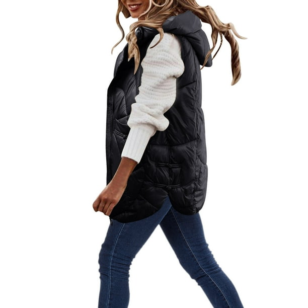  YAFINMO Chaleco acolchado de gran tamaño para mujer, cuello  alto, con capucha, abrigo de invierno cálido con cremallera, chalecos  acolchados con bolsillos, Negro - : Deportes y Actividades al Aire Libre