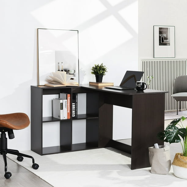 Mesa de oficina negro, escritorio de esquina en forma de L con estante  HOMEMAKE FURNITURE ARLETTE