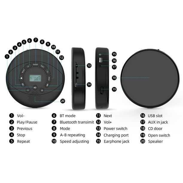 Reproductor de CD portátil, portátil, con altavoces, Bluetooth, para el  hogar, pequeño y compacto, reproductor de CD retro recargable con  auriculares