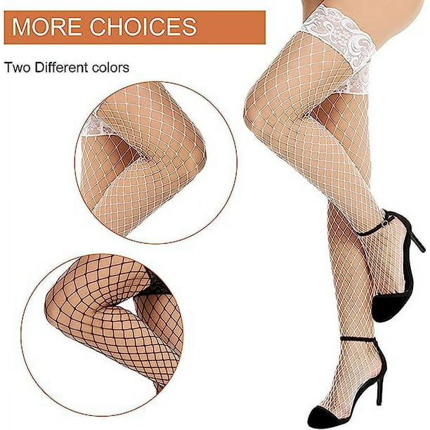 2 pares de medias de red (blancas y negras), medias de red de encaje, medias  elásticas para mujer, medias de red antideslizantes sexys, talla única JM