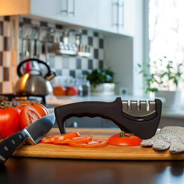 Accesorios para cuchillos de cocina 2 en 1: afilador de cuchillos de 3  etapas que ayuda a reparar, restaurar y pulir cuchillas y guantes  resistentes a cortes Xemadio 2033666