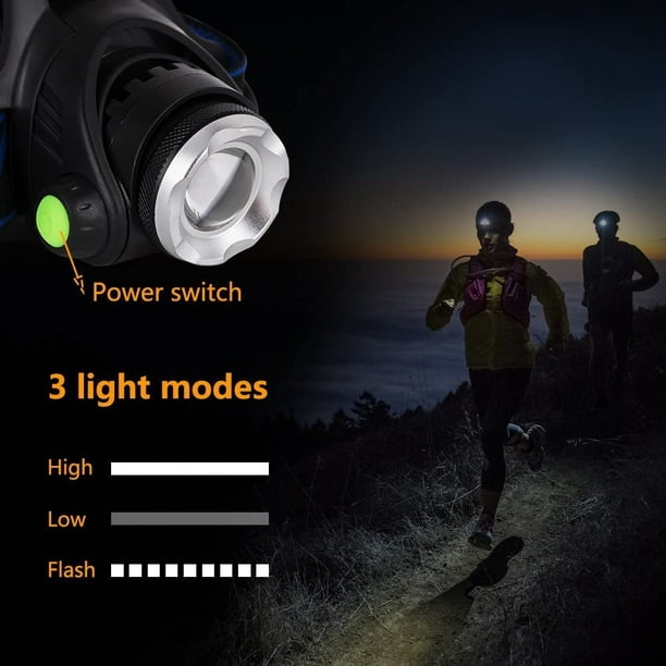 Linterna frontal LED recargable – 3 modos de lámpara LED ultra brillante |  Linterna frontal ajustable impermeable para camping, senderismo, correr