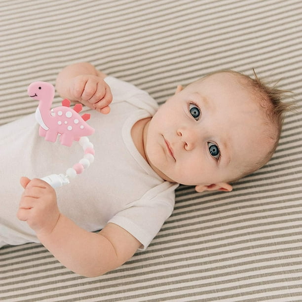 Juguetes para la dentición del bebé para bebés de 3-6 6-12 meses, mordedores  de silicona con cuentas de alivio, soporte Binky y clips para chupete,  diseño de dragón para niños y niñas (