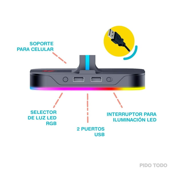 Soporte Gamer para audífonos con HUB USB y luz LED RGB