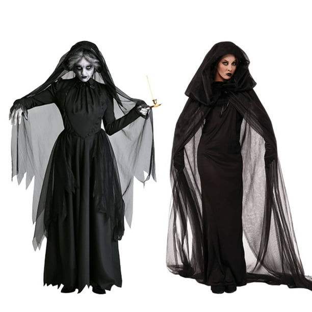 Disfraces de Halloween para mujer, vestido de bruja con capucha negra de  vampiro, noche de fantasma, vestido de bruja oscuro para cosplay 2022