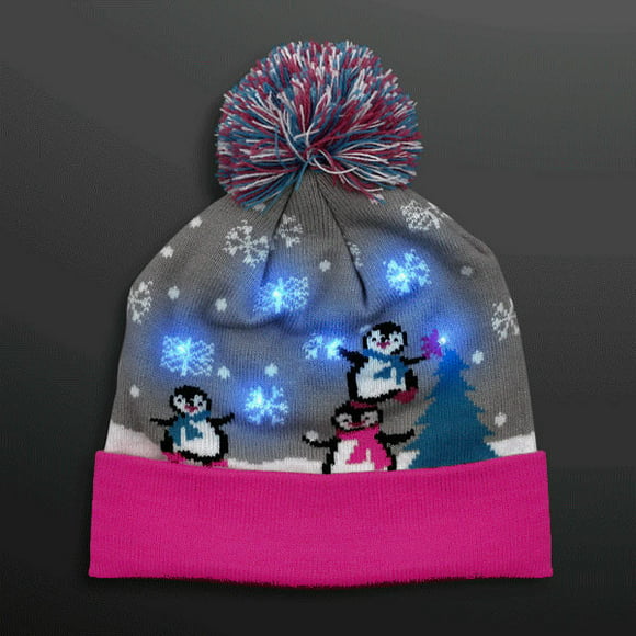 multicolor led snowy winter christmas holiday penguins beanie hat blinkee a1370
