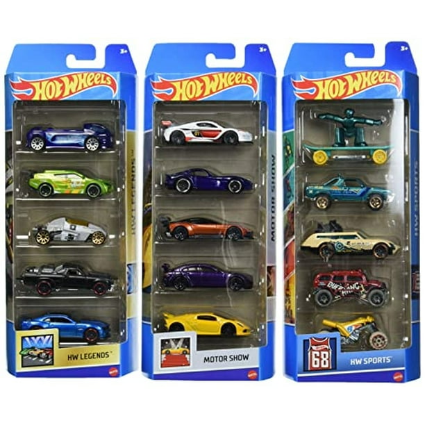Hot Wheels Juego de 15 autos o camiones de juguete, 3 paquetes temáticos de  5 vehículos fundidos a escala 1:64 (los estilos pueden variar)