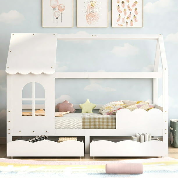 Cama infantil VitaliSpa diseño de cama con dosel 90x200 cama infantil  madera casa dormir cama casa cama juguete incl. somier