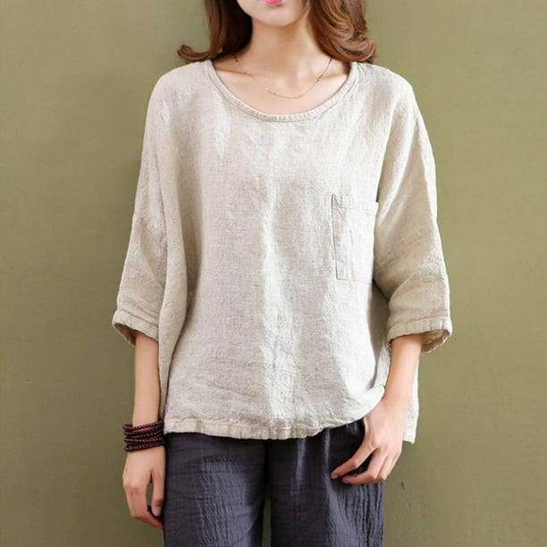 Blusa italiana de algodón de lino con un botón para mujer, cuello redondo,  manga 3/4, cuello redondo, parte superior