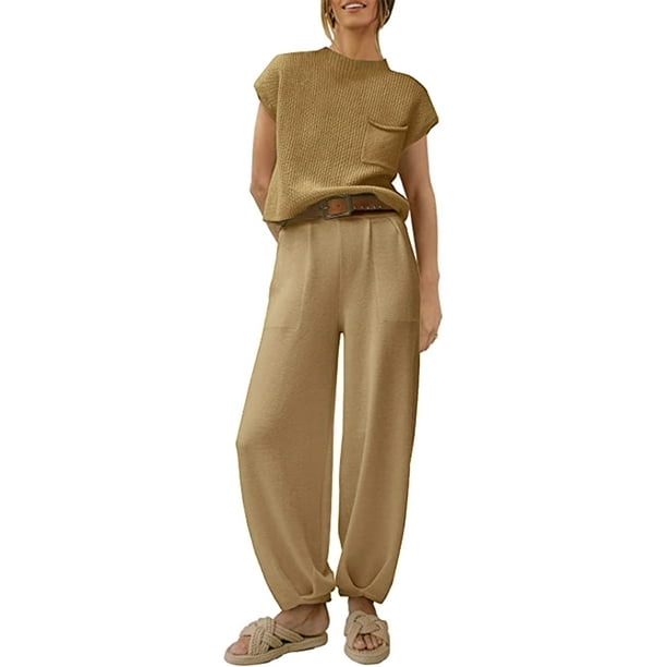Pantalones Blusas de mujer Tops + Pantalones Moda de punto Sin mangas +  Pantalones Trajes (Caqui M) Ygjytge Caqui T M para Mujer