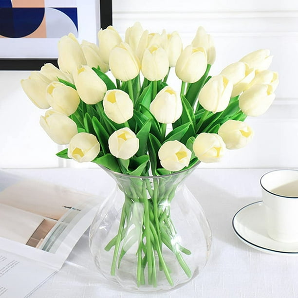  Capesaro Tulipanes artificiales blancos, tulipanes sintéticos  de poliuretano, flores falsas de tacto real para el hogar, dormitorio,  baño, oficina, mesa, ramo de boda, centro de mesa, arreglo floral,  decoración de bricolaje