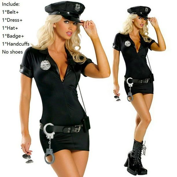 5 piezas Disfraz de policía sexy Vestido con cinturón & esposas de