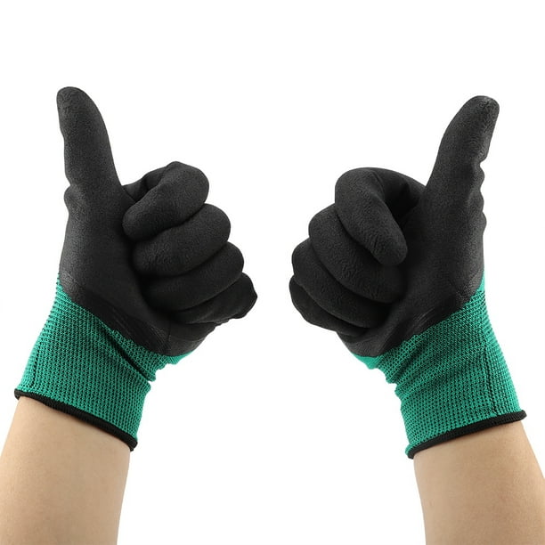 Los brazos y las manos del hombre vistiendo de verde ligero tejido  sintético guantes de jardinería con muñequeras elástico negro, un guante  equipado con dedos en garra Fotografía de stock - Alamy