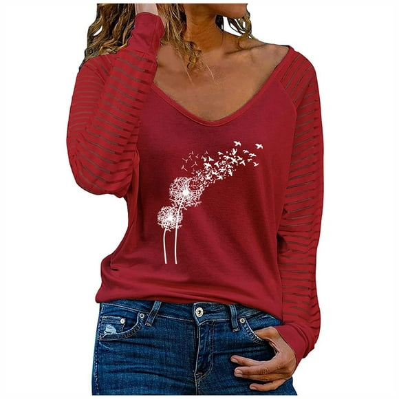 camiseta de manga larga con cuello en v para mujer a la moda blusa suelta con estampado de otoño fridja fjkfkj4390
