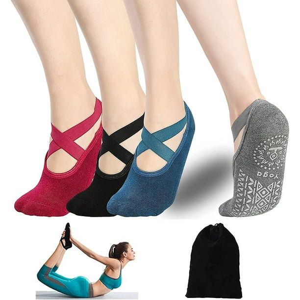 Calcetines de yoga para mujer - 4 pares de calcetines de pilates Calcetines  antideslizantes con correa para ballet, barra, hogar y hospital