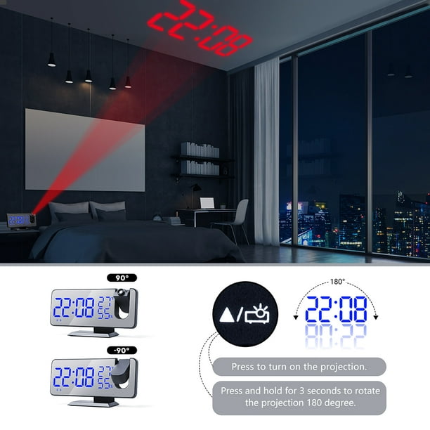 Comprar Despertador de proyección digital con superficie de espejo 4 en 1 reloj  proyector de 180 grados interior