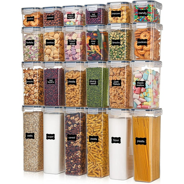 Recipientes herméticos de almacenamiento de alimentos con tapas, 24  recipientes de plástico para organización de cocina y despensa para cereales,  alimentos secos, harina y azúcar, sin BPA, incluye 24 etiquetas Vhermosa  CZJJ-SY64