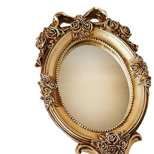 Espejo de mano vintage con asa, bonito espejo de mano cosmético, espejo de  maquillaje, espejo de viaje, 9.8 x 4.5 pulgadas (dorado)