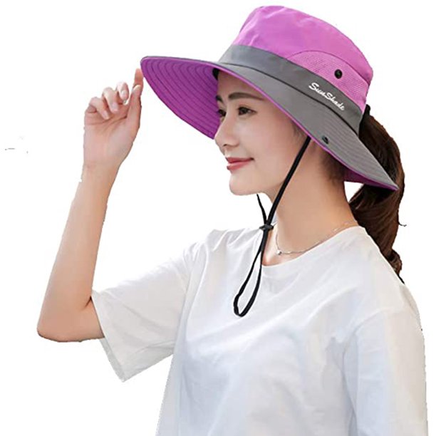 Sombreros para el sol de ala ancha con protección UV para mujer - Gorro con  orificio para cola de caballo de malla de enfriamiento Sombrero de pesca  plegable para viajes al aire