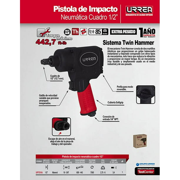Pistola de impacto neumática cuadro de 1/2 400 Ft-lb sistema twin hammer -  Urrea México