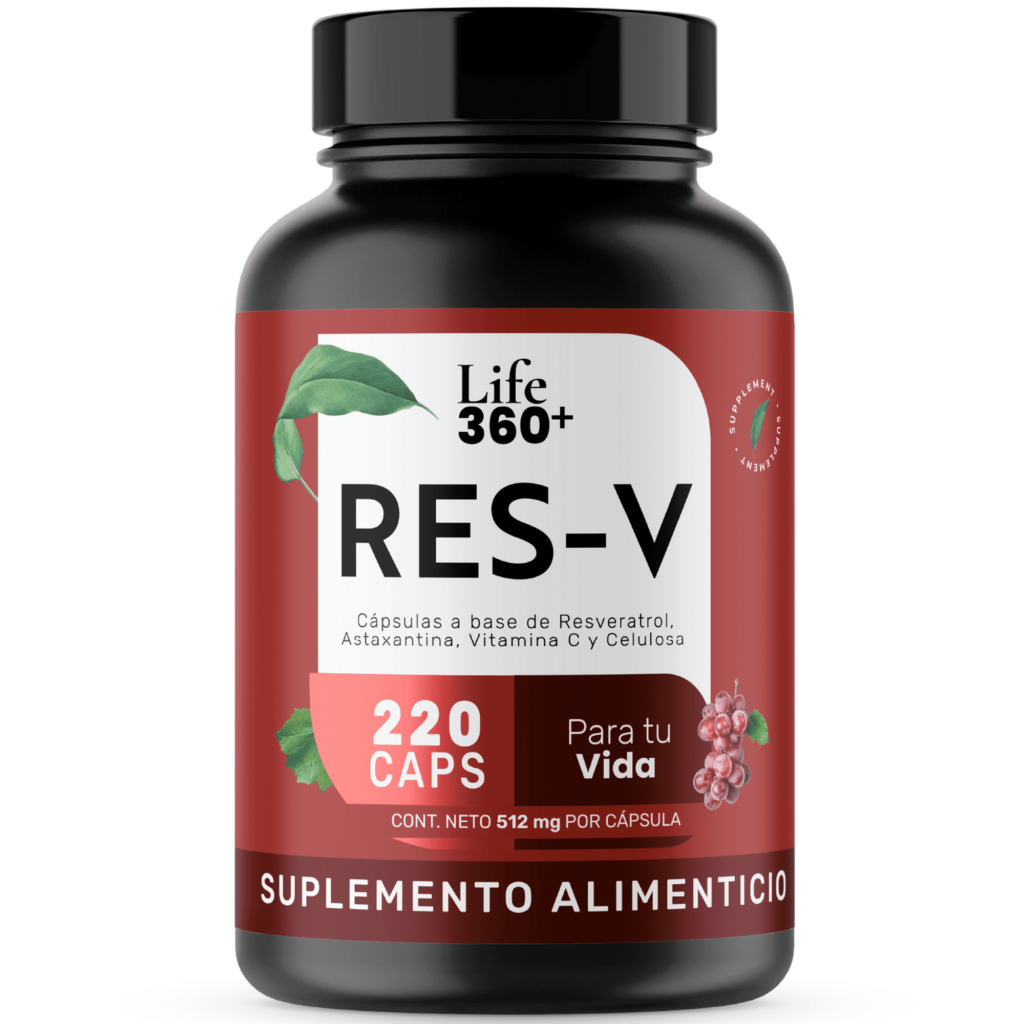 Life 360+ res-V | resveratrol | 220 cápsulas | cápsulas a base de resveratrol, astaxantina, vitamina c y celulosa microcristalina | suplementos alimenticios | contenido neto 220 cápsulas por envase