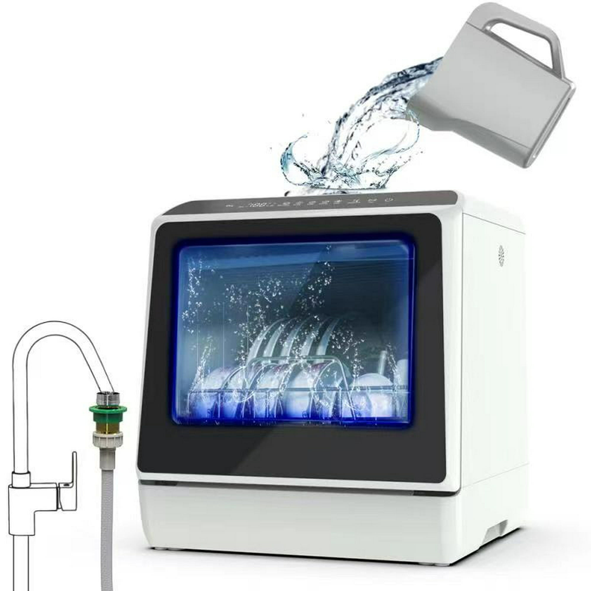 Lavavajillas portátil de encimera, 5 programas de lavado, tanque de agua  incorporado de 3 tazas, rociador ciclónico 3D, limpieza de frutas y  verduras con canasta, alta temperatura, secado al aire, KAPAS KPS-XWJ01